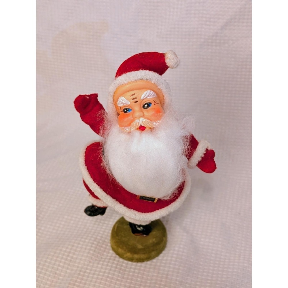 Vintage Flocked Velvet Dancing Santa Figure on Stand 9" Japan Christmas Kitsch